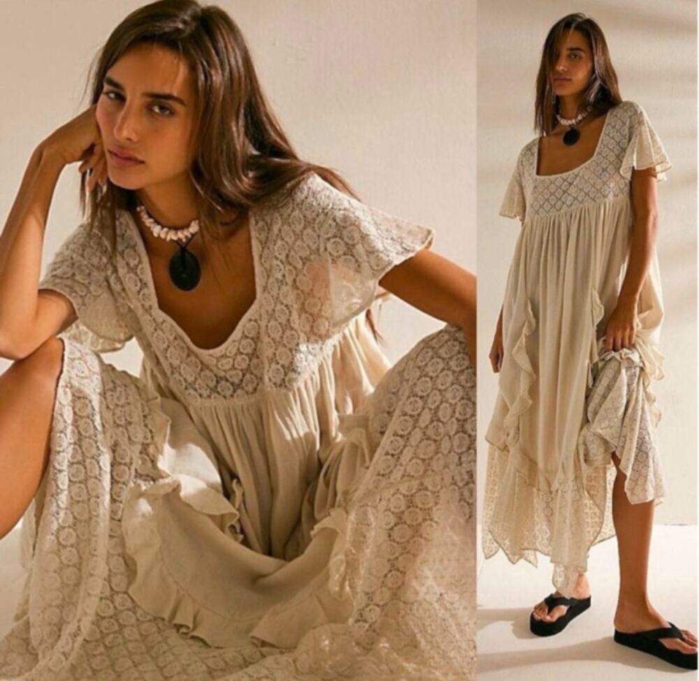 Free People bring the romance midi Babydoll dress S stone moss Boho Chic Cottage